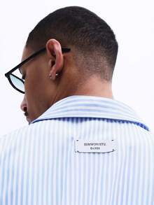 SUMWON Men's Red Embroidered Script Striped Button Down Short Sleeve Oversized Summer Shirt With Chest Pocket,  Men S Work Shirts, Shirts Streetwear - Blue and White - View 6