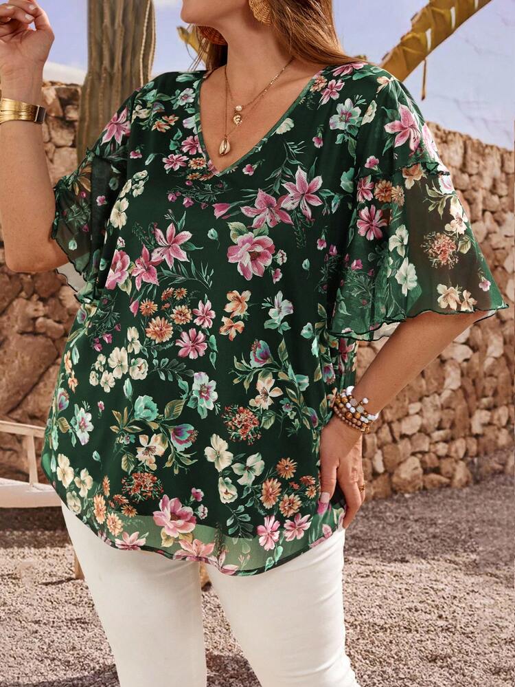 Plus Size Floral Print Ruffle Hem Casual Vacation Shirt