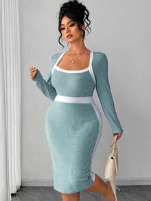 Elenzga Vestido midi ajustado de manga larga con cuello cuadrado y bloques de color azul y blanco para mujeres de talla grande, adecuado para el trayecto diario, citas casuales, ocasiones sociales y salidas de vacaciones - Azul y blanco - Ver 8