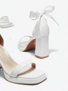時尚人造珍珠蝴蝶結白色 Pu 皮革厚底防水台粗跟女式高跟涼鞋 - 白色 - 查看 4