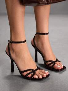 CUCCOO SZL Women's Square Toe Rhinestone Ankle Strap Sandals For Christmas Prom Heels Summer Shoes - Coffee Brown - View 5
