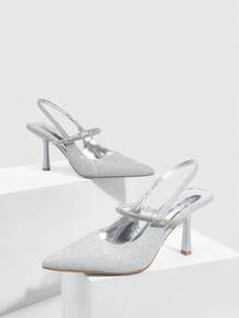 CUCCOO SZL Women's Pointed Toe Glitter Rhinestone Elastic Band Fashionable Elegant Pumps High Heels - Silver - View 1