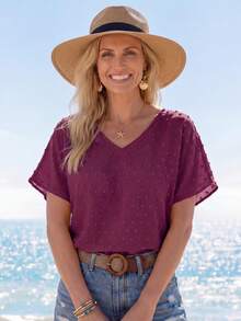 Sylviya Swiss Polka Dot V-Neck Batwing Sleeve Shirt,Short Sleeve Tops - Purple - View 3