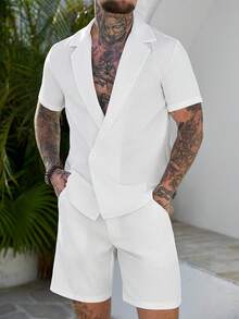 Manfinity CasualCool 男士纯色翻领短袖单排扣衬衫和短裤休闲套装 - 白色 - 查看 5