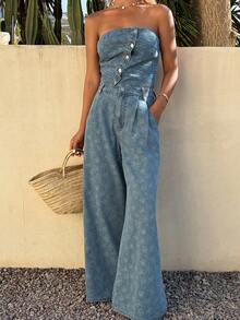 DAZY Women's Casual Denim Camisole Top And Pants Set, Blue Textured, Summer - Blue - View 1