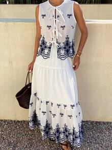 Livesso 女士夏季度假白色镂空无袖圆领系带上衣和休闲半裙两件套 - 白色 - 查看 5