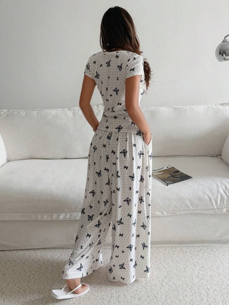 Women's Elegant Butterfly Print Top And Wide Leg Pajama Pants Set, Summer Sleepwear