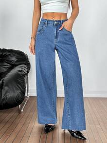 SHEIN Tall Summer TALL Women's Casual Elegant High Waisted Wide Leg Denim Pants For Women Frayed Hem Baggy Casual Jeans Pocket Button Casual Versatile Daily Wear Wide Leg Jeans - Medium Wash - View 6