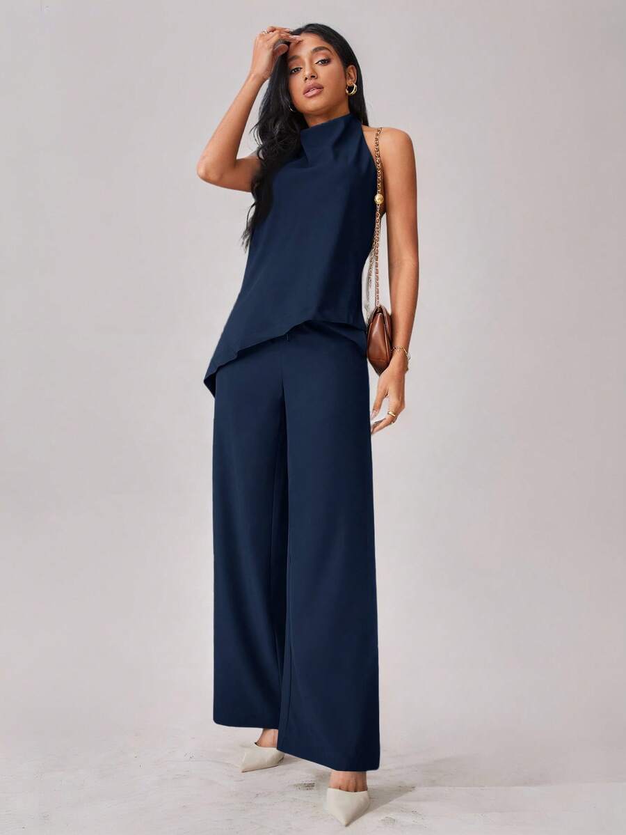 Aveloria Modichic Women's Solid Color Backless Halter Top And Wide Leg Pants Two Pieces Set Elegant Business Casual Women  - Blue - View 1