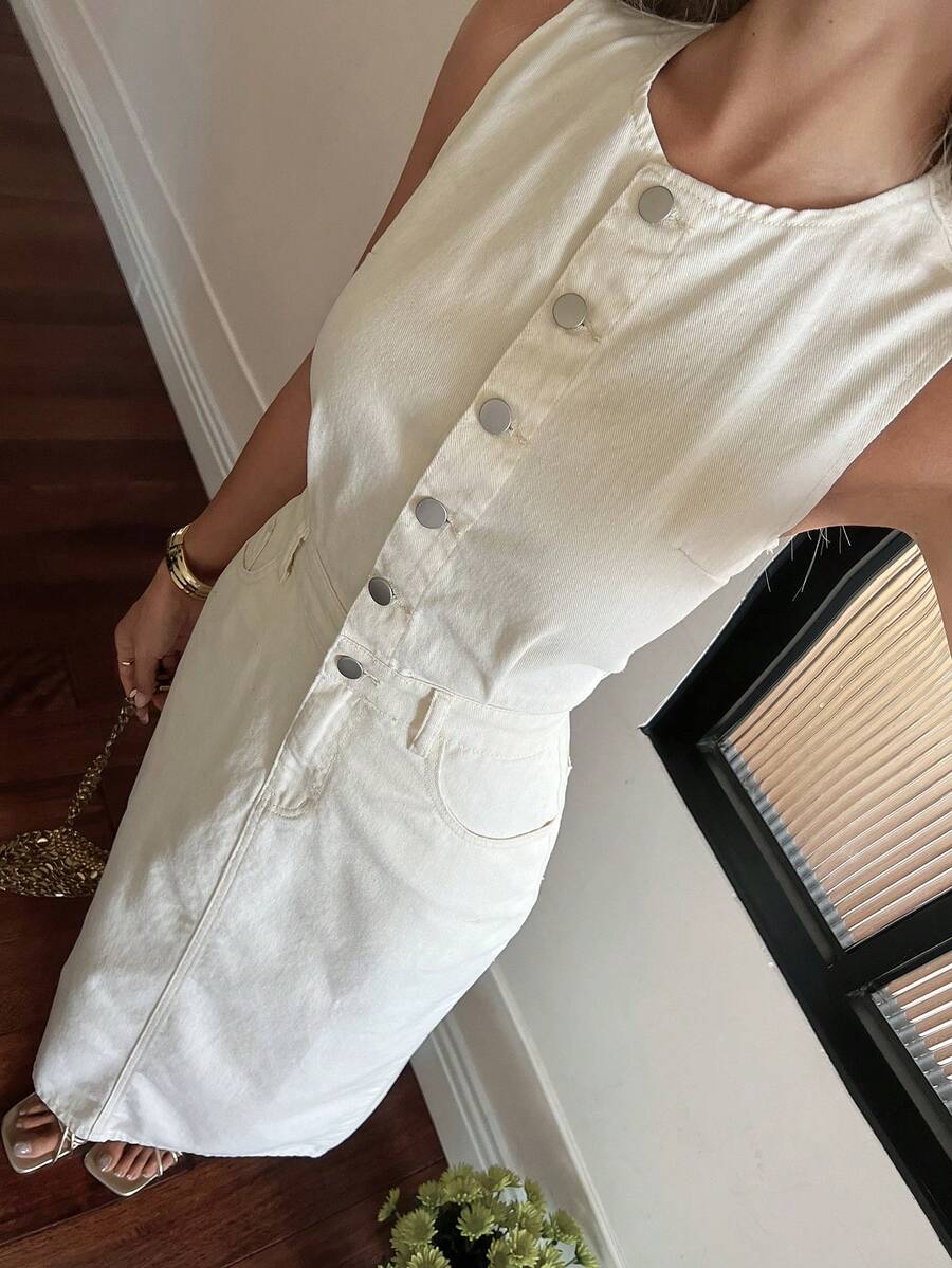 DAZY Women's Casual Washed Denim Round Neck Sleeveless Denim Dress, Summer Maxi Dress - Beige - View 1