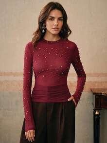 Anewsta Women's Spring Round Neck Long Sleeve Pearl Elastic Elegant Blouse - Burgundy - View 5