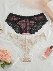 2pcs Women's Charming Black & Red Heart Lace Criss-Cross Net Rose Design Panties Wedding - Multicolor - View 2
