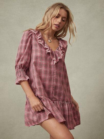 WESTFADE Plaid Ruffle Collar 3/4 Puff Sleeve Smocked Lace Trim Drop Waist Loose Fit Mini Dress Winter, Spring, Resort, Valentine's Day, Casual, Cute, Boho, Western Wear For Women, Nashville, Vacation