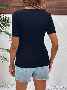 SHEIN 夏季孕妇休闲纯色短袖哺乳T恤 - 藏蓝色 - 查看 2