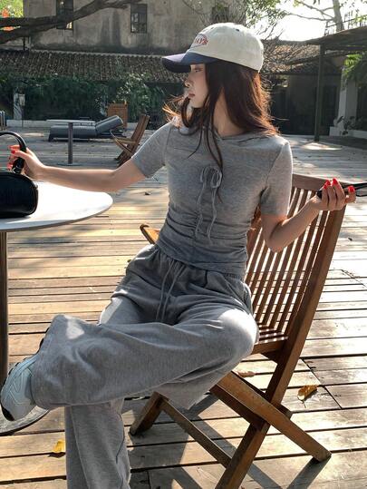 DAZY Women's Korean Style Hooded Solid Color Pleated Bow Tie Drawstring Short Sleeve Top And Long Pants 2-Piece Set