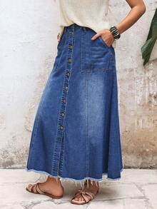 EMERY ROSE 女士夏季休闲水洗牛仔A字裙，带大口袋和毛边下摆 - 藍色 - 查看 5