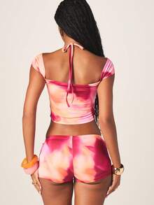 MISSGUIDED 女士露背吊带短款上衣和配套短裤两件套扎染渐变日落节夏季休闲套装 - 彩色 - 查看 3