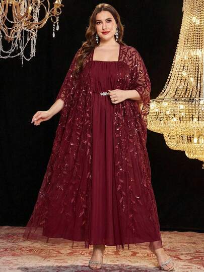 Reflora Plus Size Women Elegant Ruffle Slip Dress & Sequin Jacket 2 Pieces Set