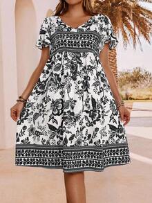 EMERY ROSE Đầm nữ cỡ lớn họa tiết hoa cổ chữ V tay ngắn xếp nếp kiểu dáng thường ngày - Đen và trắng - Xem 5