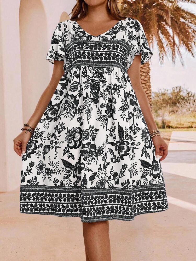 Plus Size Women Floral V-Neck Ruffle Short Sleeve Casual Dress
