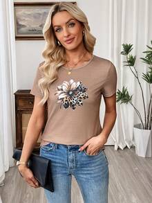 Silhoulove Women's Casual Vacation Rhinestone Leopard & Floral Print Short Sleeve T-Shirt, Suitable For Daily Commute - Khaki - View 3