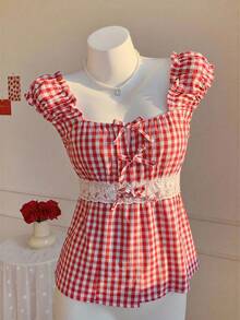 SHEIN Tween Girls Red And White Plaid Summer Modest Party Vest,Classic Checkered Woven Pullover With 3D Bows And White Lace Trim,Vacation Style Top - Red - View 1