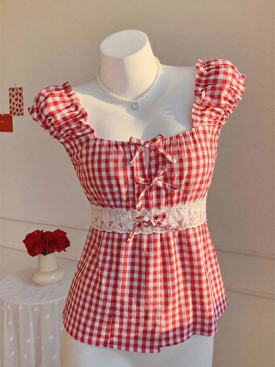 SHEIN Tween Girls Red And White Plaid Summer Modest Party Vest,Classic Checkered Woven Pullover With 3D Bows And White Lace Trim,Vacation Style Top - Red - View 1