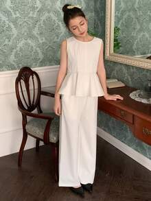 DAZY Tween Girl Solid Color Round Neck Ruffle Hem Sleeveless Shirt And Pants Casual Outfit - White - View 4