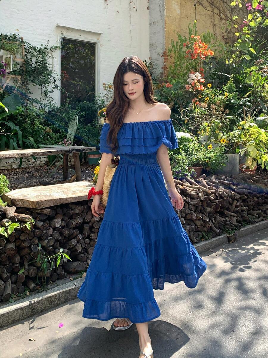 DAZY 女士露肩韩式荷叶边连衣裙 - 藍色 - 查看 1