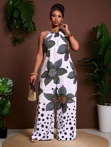 Veslaya Slayr 大码几何印花无袖阔腿连体裤，休闲度假风 - 綠色 - 查看 7