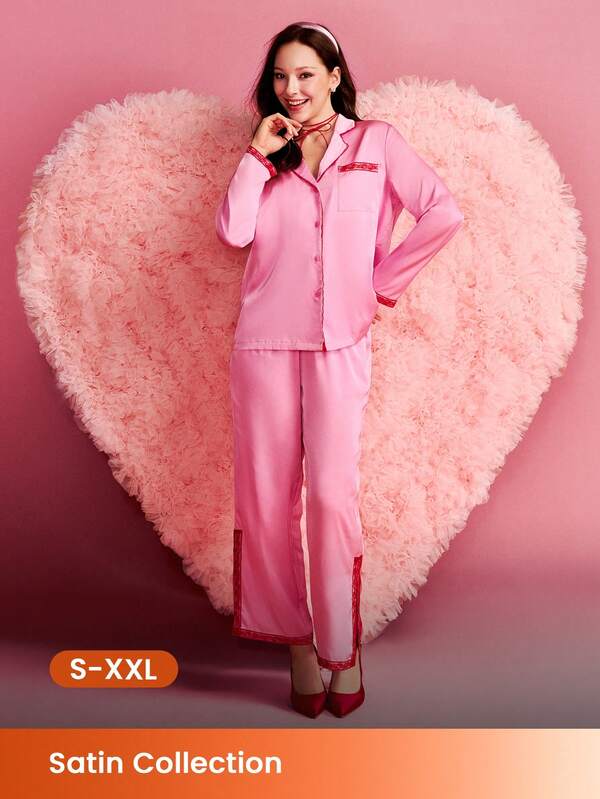 LUVLETTE Women Sexy Silky Satin Luxurious Lace Trim Button-Up Long PJ & Lounge Sets Airy Pink Loungewear Pajama Set Lingerie Valentine's Day Gifts Pyjama Wedding Items