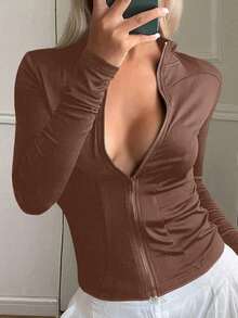 DAZY Cardigan Olahraga Kasual Lengan Panjang Slim Fit Wanita, Jaket Ringan Gaya Jalanan untuk Musim Panas - Coklat - View 5