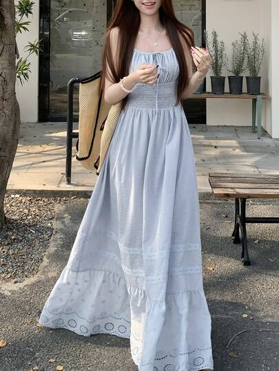 DAZY 女士夏季抽绳系带蕾丝拼接度假风休闲吊带连衣裙