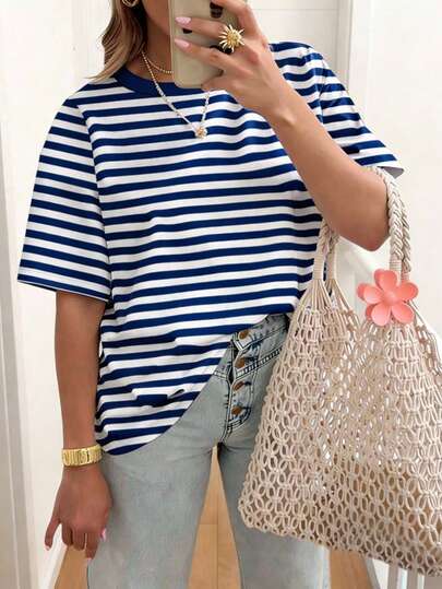 EMERY ROSE Striped Round Neck Casual Short Sleeved T-Shirt, Plus Size Women's T-Shirt, Summer
