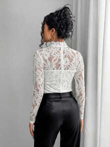 Rafferiza Áo thun ren xuyên thấu gợi cảm thanh lịch dành cho nữ - trắng - Xem 2
