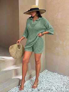 EURMUSE Casual Tropical Oversized Mesh Knit Top With Polo Collar - Perfect For Layering In Sage Green Set With Shorts Beach Vacation Summer - Mint Green - View 4