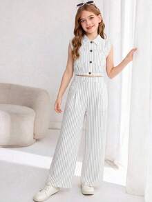 SHEIN 少女条纹无袖衬衫和裤子两件套 - 白色 - 查看 4