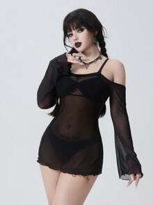 ROMWE Goth 女士纯色网纱露肩休闲沙滩罩衫连衣裙 - 黑色 - 查看 5