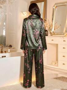 LuxeNights Floral Print Faux Silk Lapel Collar Long Sleeve Pajama Set - Green - View 2