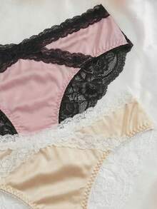 2pcs Women's Charming Black & Red Heart Lace Criss-Cross Net Rose Design Panties Wedding - Multicolor - View 3