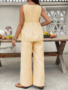 SHEIN Maternity Vacation Striped Ruffle Hem Sleeveless Top And Adjustable Waist Pants Casual 2 Pieces Set - Yellow - View 2
