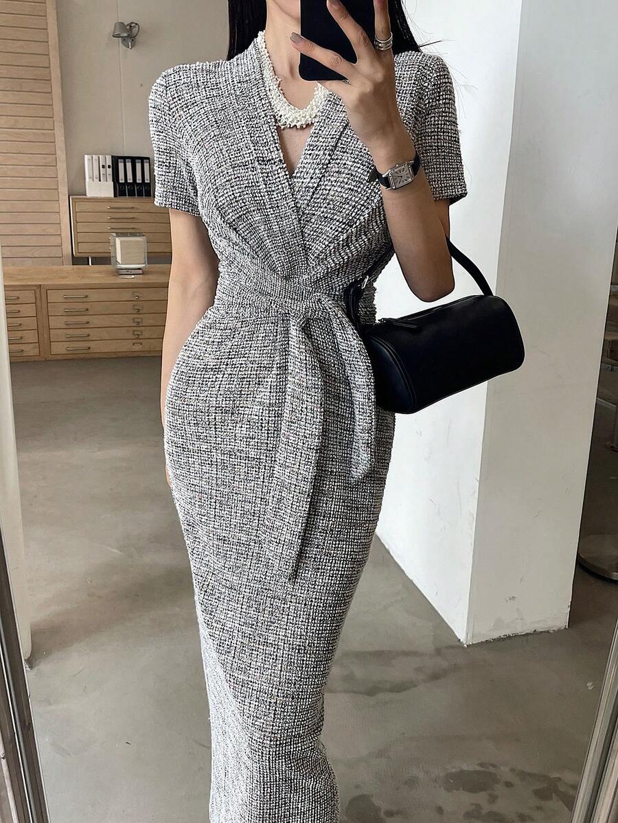 DAZY Women's Crossed V-Neck Short Sleeve Knotted Waist Fitted Elegant Mid-Length Dress - Khaki - View 1