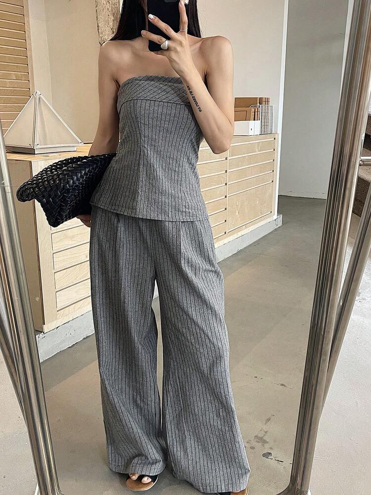 Women's Casual Striped Bandeau Top And Pants 2 Pieces Set, Summer