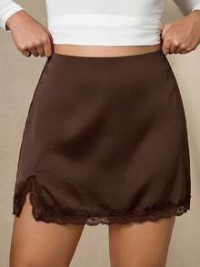 SHEIN PETITE CURVE Chân váy nữ cỡ lớn màu trơn phối ren xẻ tà bên hông - Cà phê nâu - Xem 5