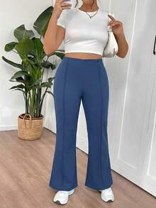SHEIN Tall CURVE 大码女士简约日常喇叭裤套装 - 霧霾藍 - 查看 6