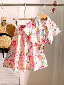 SHEIN Elladie kids 两件套：女童碎花图案下摆扭领衬衫和碎花长裙，适合夏季海滩度假 - 彩色 - 查看 2
