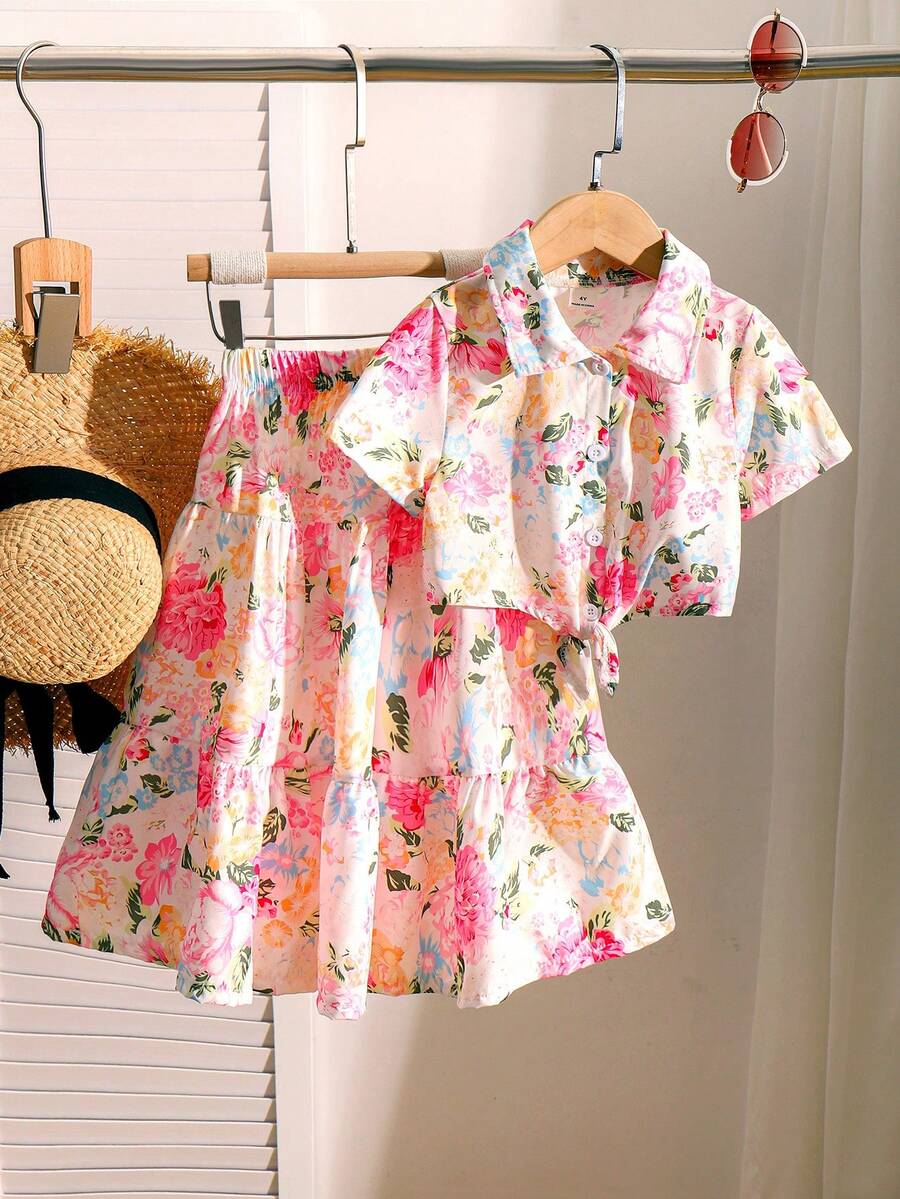SHEIN Elladie kids 两件套：女童碎花图案下摆扭领衬衫和碎花长裙，适合夏季海滩度假