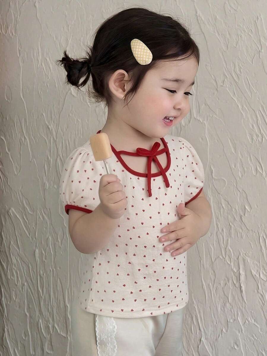 DAZY Toddler Girls' Round Neck Heart Print Short Sleeve Top - White - View 1