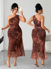 Elenzga Plus Size Mesh Floral Print Asymmetrical Shoulder Dress Summer Dress Women's Floral Dress - Coral Orange - View 3