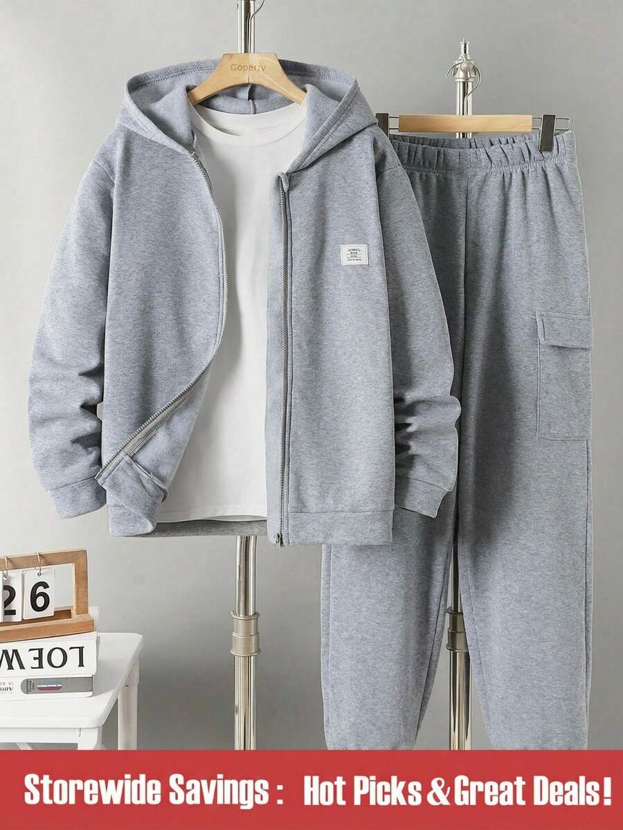 青少年男孩休闲连帽衫和抽绳裤套装,适合休闲和运动穿着 - 灰色 - 查看 1